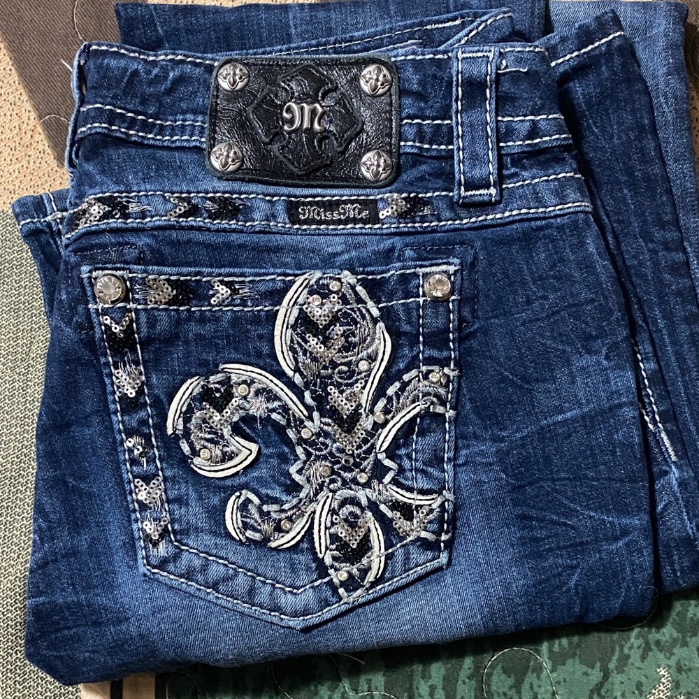 Miss Me Women's Dark Blue Boot Cut Jeans with Silver Embellishments